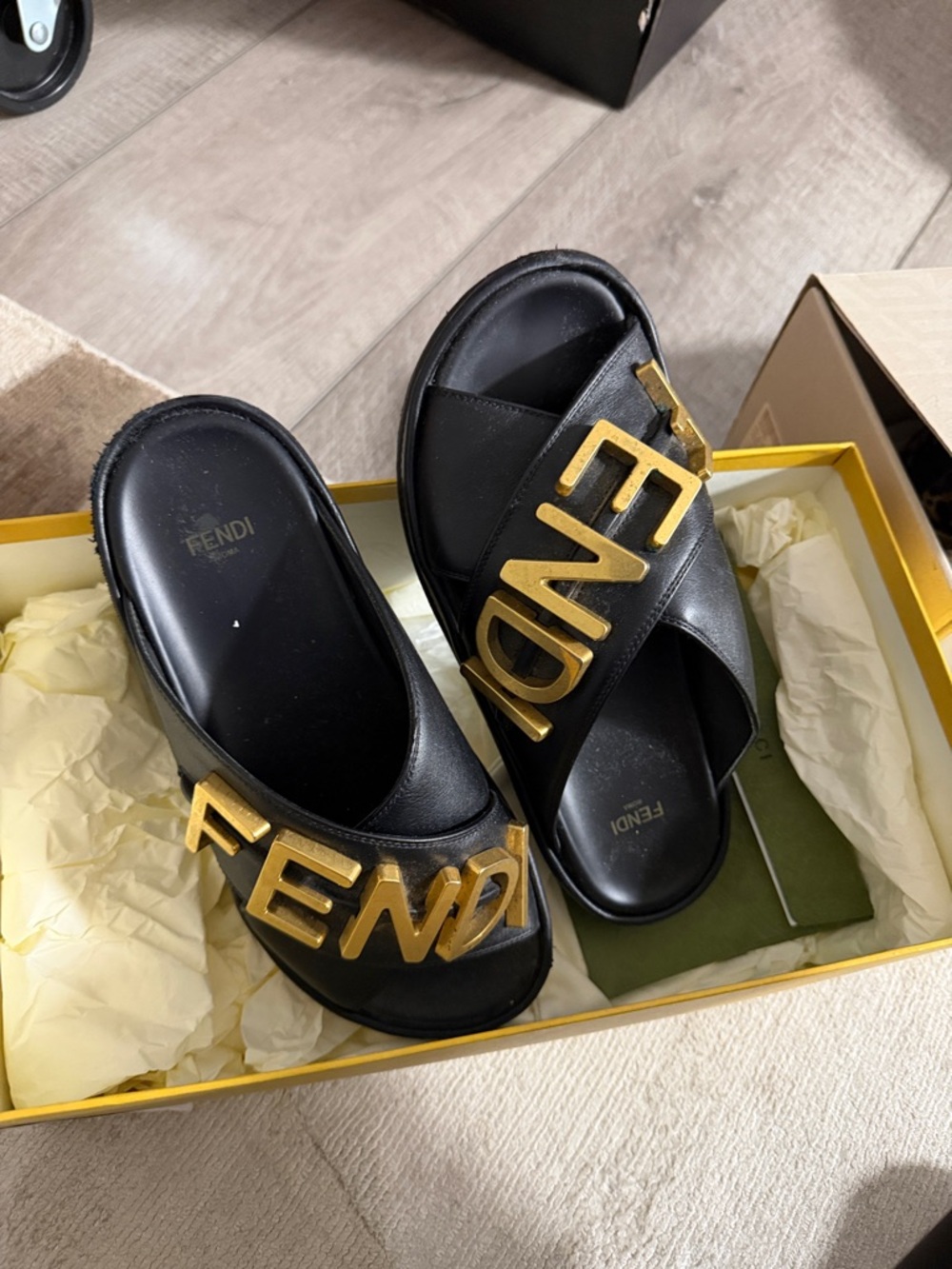 Fendi Black Leather Slide Mules with Gold FENDI Hardware